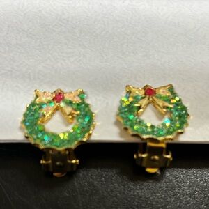 Elegant Gold and Green Wreath Clip On Earrings